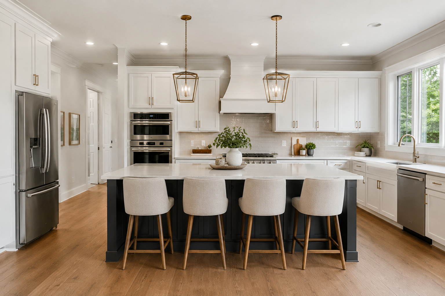 Kitchen renovation in South Charlotte with navy cabinets and gold hardware